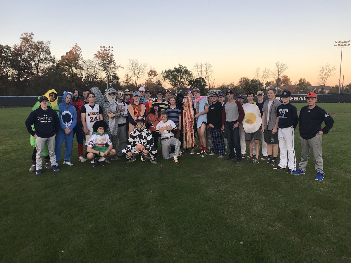 SB_Baseball's tweet photo. Halloween practice for the final day this fall. We had a cow grazing on the field and a run away squirrel. Somehow the senior/freshman team pulled out a 1 run victory. https://t.co/wUYYyNnkPy