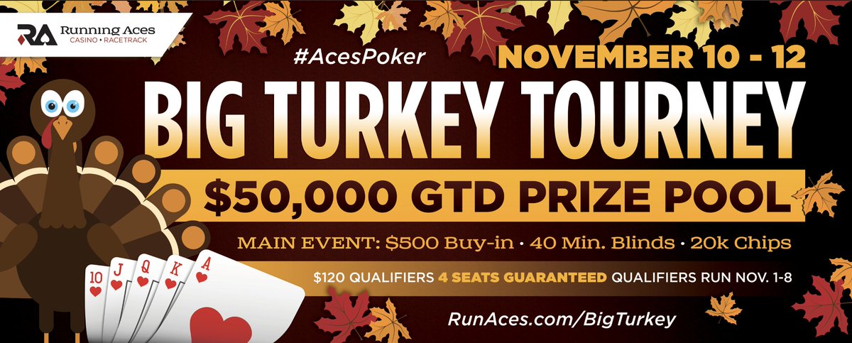RunAcesPoker's tweet photo. RT by Nov 3 for a chance to win a $120 Big Turkey Qualifier Seat! 18+ only no purchase req. #AcesPoker https://t.co/tHOZYCMxvR https://t.co/ISe1AU8948