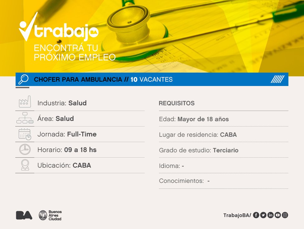 TrabajoBA's tweet photo. 🚑📢¡10 Vacantes!  ¿Sos auxiliar de enfermería o enfermero? Mirá y postulate! ➡https://t.co/06nxdralOy https://t.co/Unv0PRQNGv