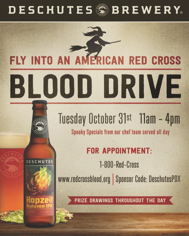 Oregoncraftbeer's tweet photo. HALLOWEEN BLOOD DRIVE at @DeschutesPDXPub in NW Portland from 11am-4pm. Food specials, raffle entry for donors - https://t.co/zRcPppzkIA https://t.co/kYLhw19efZ