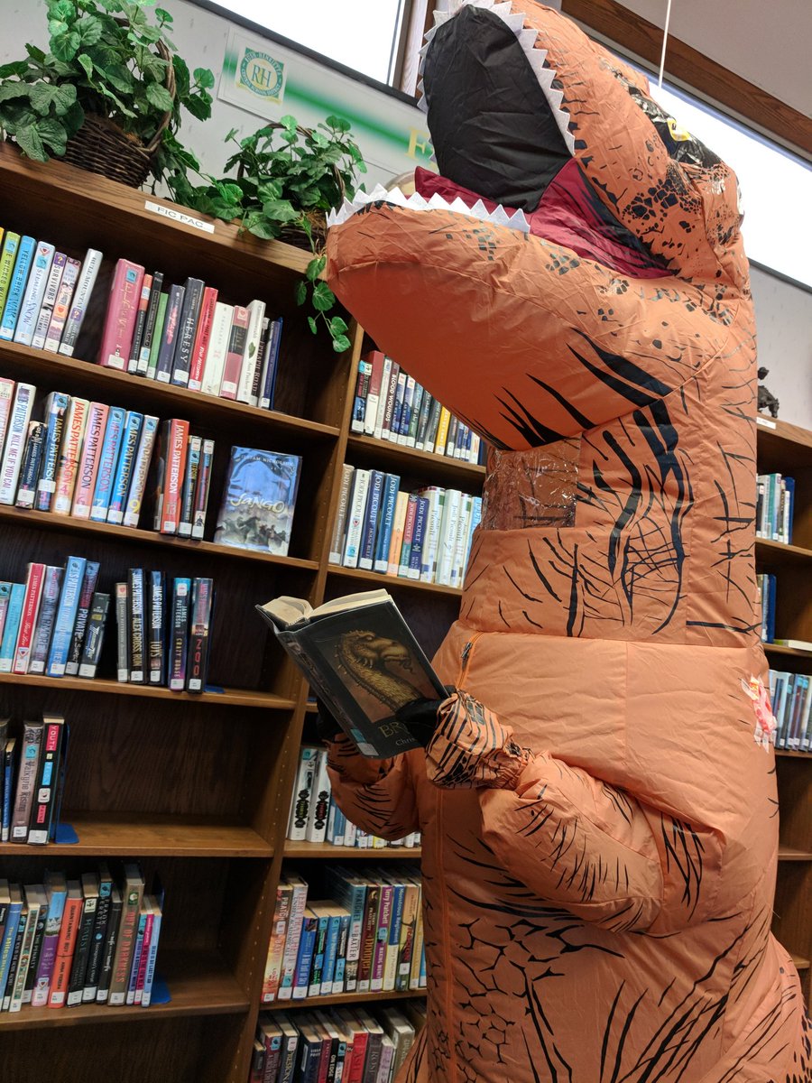RHSHSlibrary's tweet photo. Library Dinosaur enjoys all the benefits of @RHSHSlibrary. Be a good dinosaur, too! https://t.co/Yeu51MUSnn