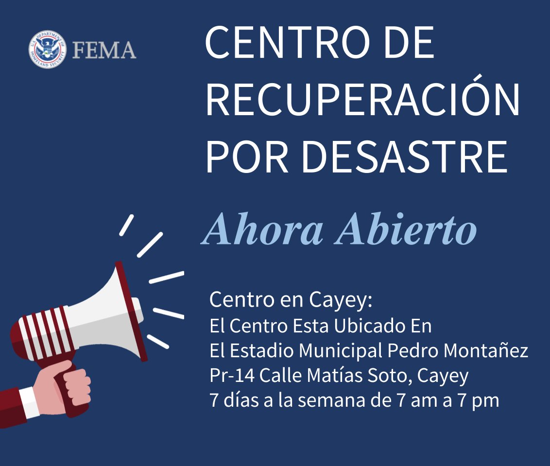 femaregion2's tweet photo. Centros de Recuperación por Desastre abiertos en Guayama &amp; Cayey, #PR. Allí puedes llenar la solicitud y obtener info de las ayudas. https://t.co/YO2lm7pP0p