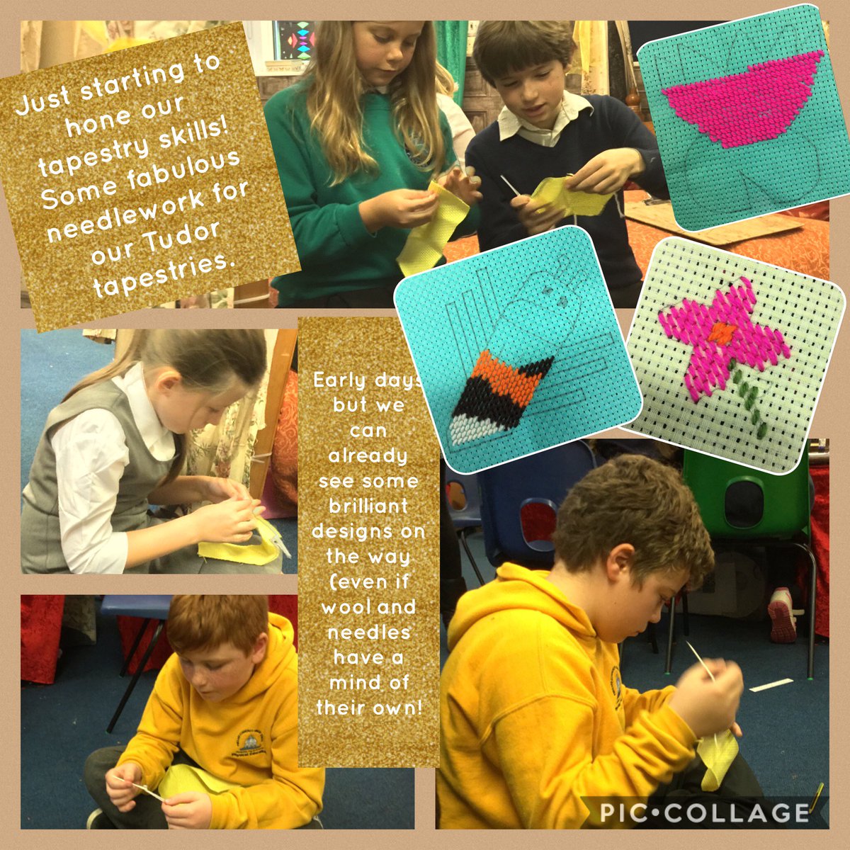 TokeleyF's tweet photo. Year 5/6 sew tapestries whilst listening to 'Treason'(Berlie Doherty)😍 Tudor immersion! Total concentration! @PensansSchool @AngelaArmytage https://t.co/N2ENL7PjJY