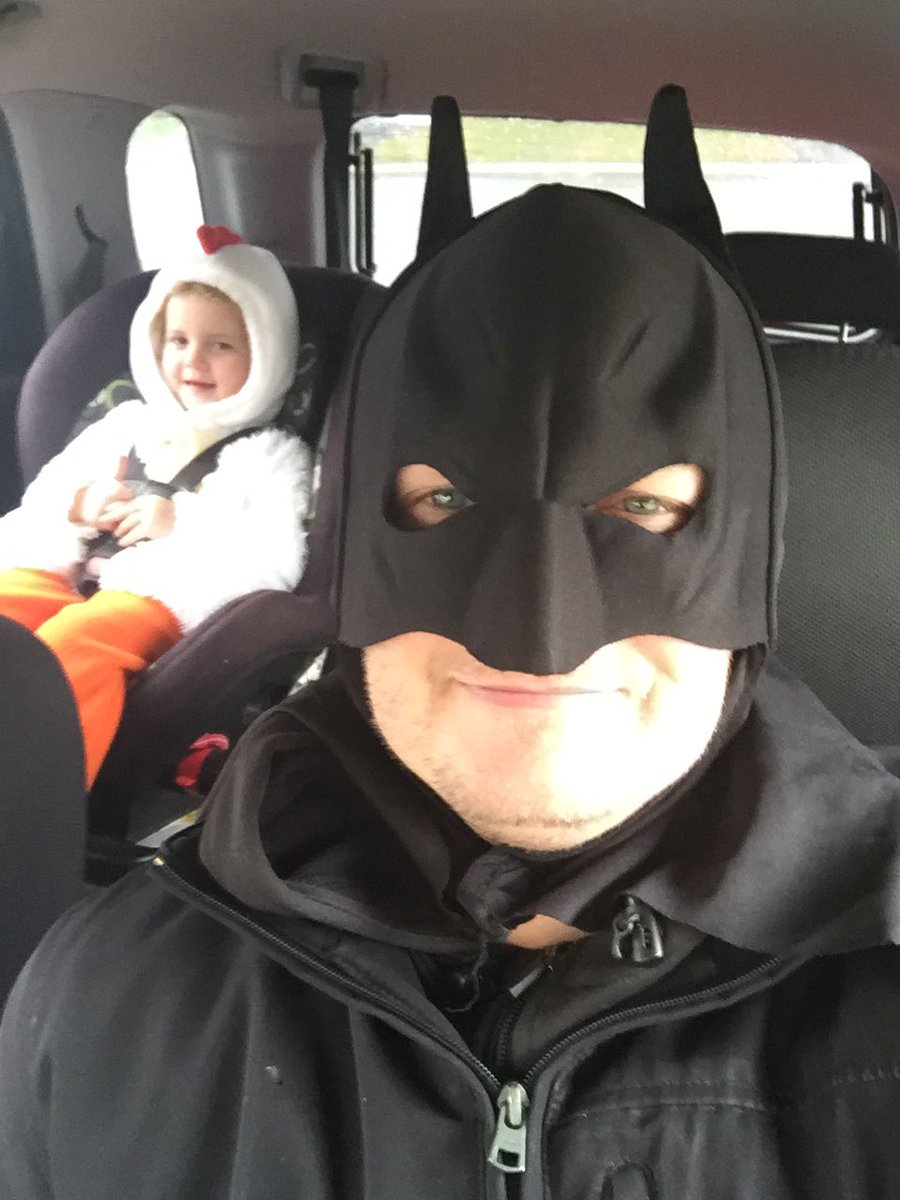 Batdad and Chicken little. Dropping off a coffee to mommy at work!