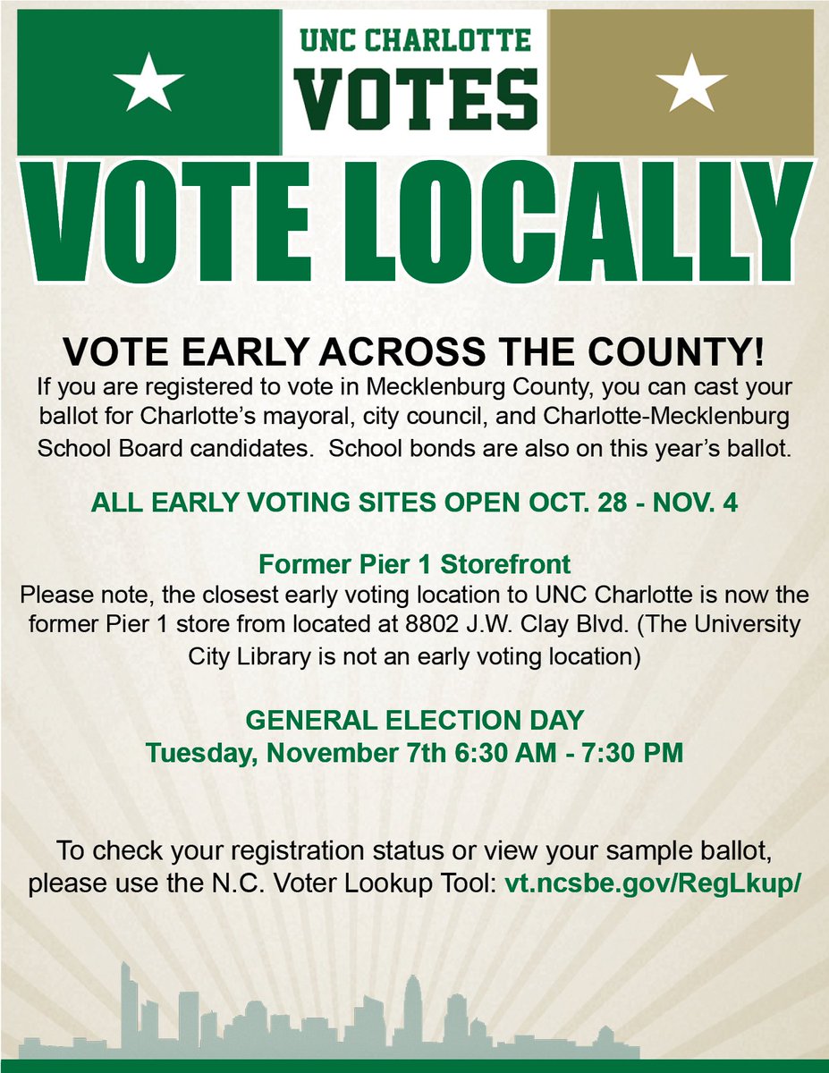 GPSGUNCC's tweet photo. GPSG encourages #NinerNation to vote local this year! Big races for #CLTMayor &amp; #CLTCouncil. Make your voices heard! https://t.co/WA2SMCpYnM https://t.co/ZfrznJMPMs