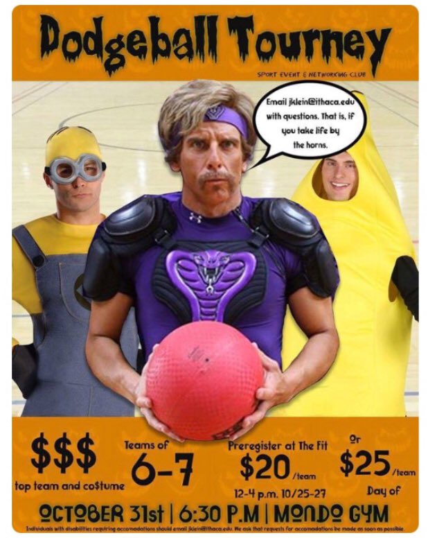 SMA_Ithaca's tweet image. Come out tonight to the @ICFitnessCenter in your best costume and show off your dodgeball skills!!!