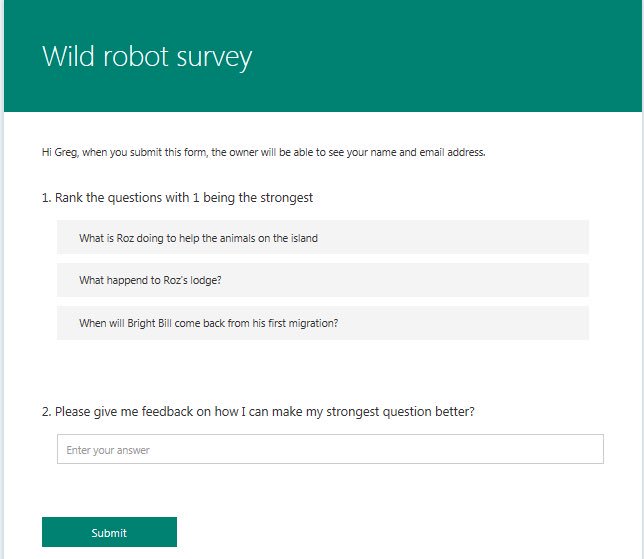 mar10g's tweet photo. Students @bookwormsin5th created forms in #Office365 to collect feedback from peers about their #thewildrobot book questions. #LenTech https://t.co/1w5r3hJ2D1