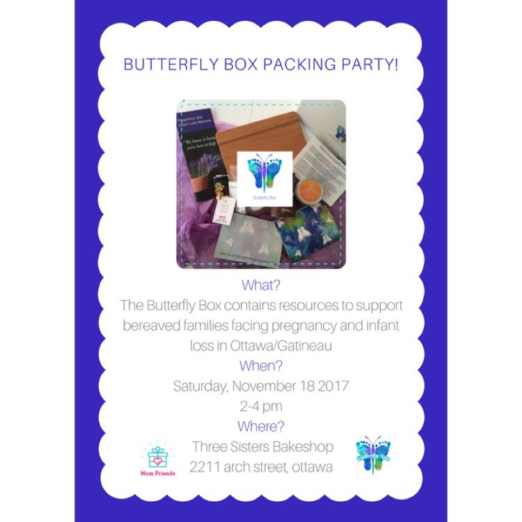 OttawaButterfly's tweet photo. Join us &amp; @momfriendskits for a #butterflybox packing party Sat Nov 18th 2-4pm @3SistersBake https://t.co/zaAkT4EX0w