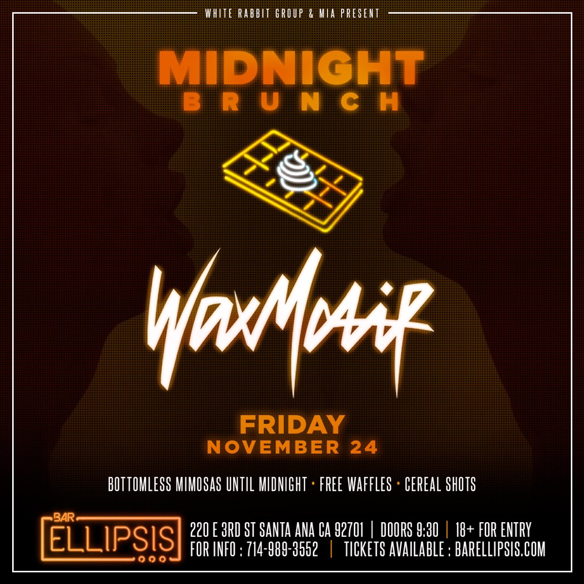 12ambrunch's tweet photo. NEW SHOW ANNOUNCEMENT!

Fri Nov 24th

Midnight Brunch ft. @WaxMotif 
🥞🍾🥂

Tickets available ⬇️
https://t.co/tdyHL2PSIC https://t.co/iaHGHzishL