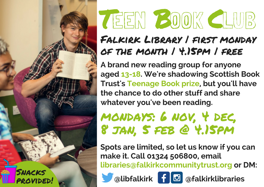 LibFalkirk's tweet photo. We've moved the start time for our teen book club to 4.15pm so @StMungosFalkirk guys can join us. Meets first Mon of the month. https://t.co/7ZLPFFylWV