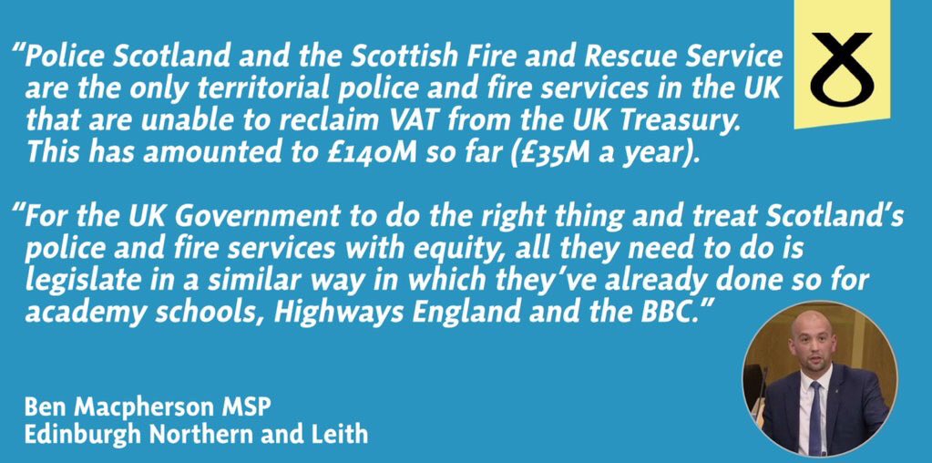 BenMacpherson's tweet photo. @ScotParl @policescotland @fire_scot @ScotTories .@theSNP, @scotgp, @scottishlabour & @scotlibdems all called in @ScotParl for @PhilipHammondUK to give @policescotland & @fire_scot #VATBack https://t.co/vUEwLveI3Z