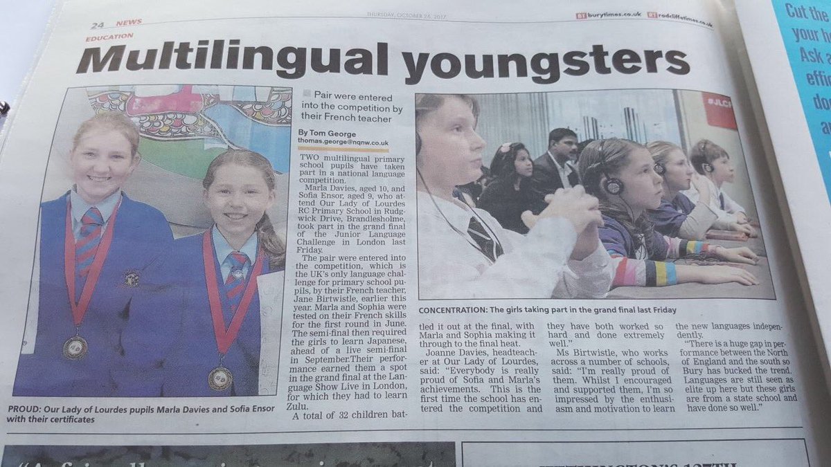 MmeBirtwistle's tweet photo. Great to see local news coverage of my two Junior Language Challenge finalists. @uTalk #JLC2017 https://t.co/vr0e1rW8LE