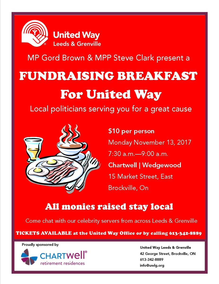 UnitedWayLG's tweet photo. Join MP @gordbrown MPP @SteveClarkPC and other local politicians as they serve breakfast to raise funds for #UWLG at Chartwell Wedgewood. https://t.co/j14rV4Nvjr