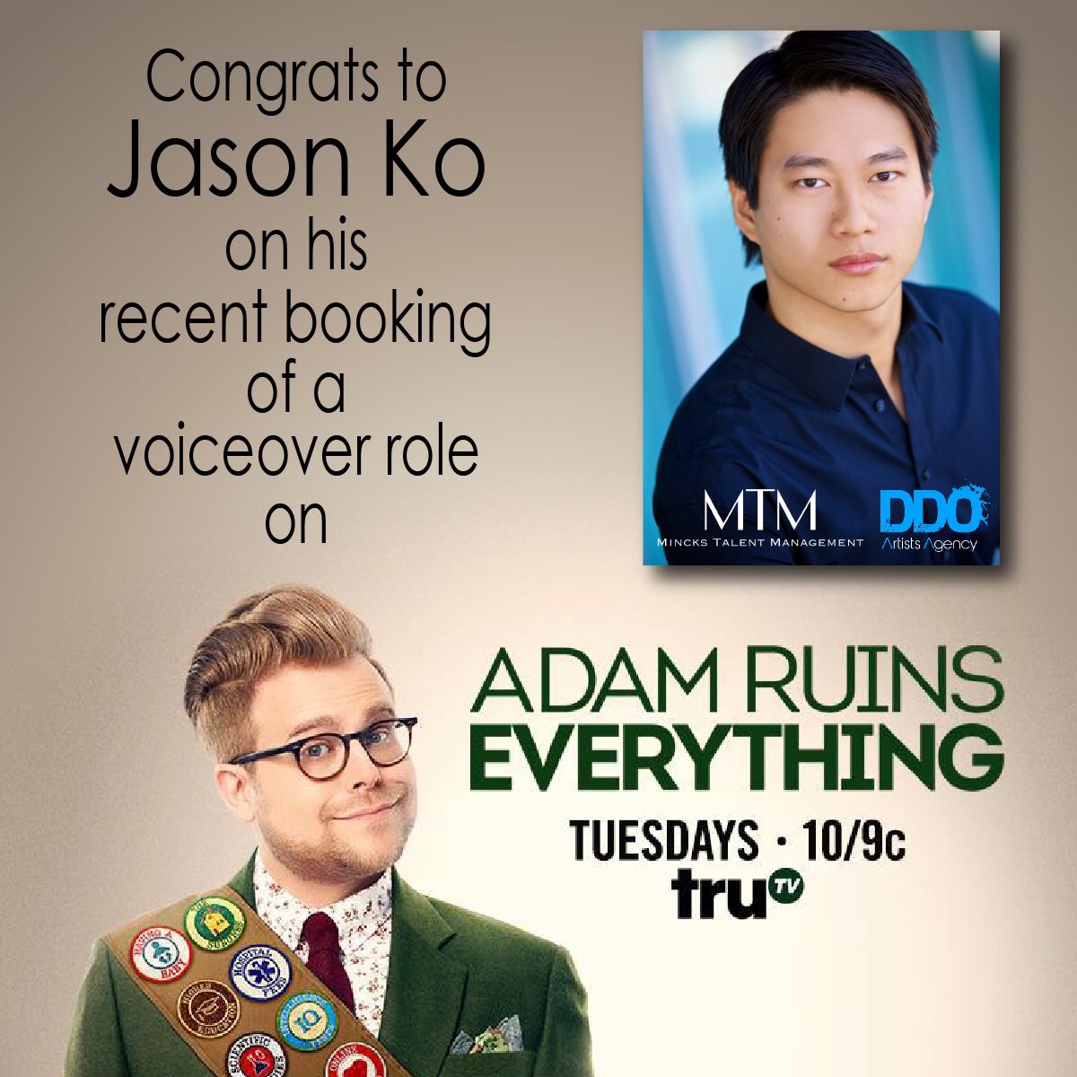 MincksTalent's tweet photo. Congrats to #MTMClient and #DDOTalent #JasonKo for his recent booking of a #Voiceover role on #TruTV’s #AdamRuinsEverything. https://t.co/Rz0axWGcDU