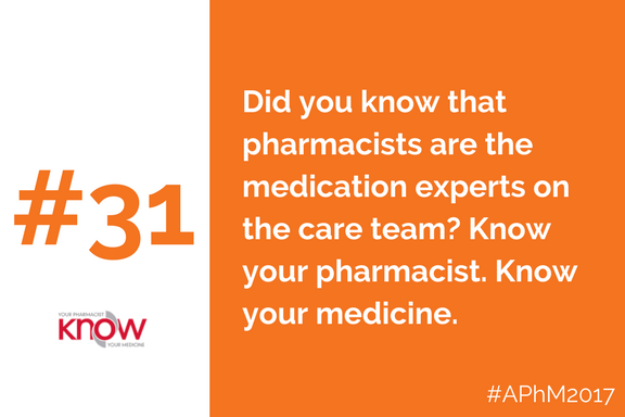 Pharm4Me's tweet photo. Did you know that pharmacists are the medication experts on the care team? Know your pharmacist. Know your medicine. #APhM2017 #Pharm4Me https://t.co/xfHRgsnjVC