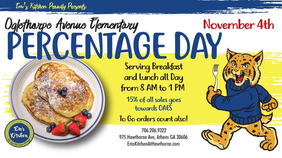 EmsKitchenATH's tweet photo. Support OAES this Saturday, November 4th! Percentage day at Em's Kitchen! https://t.co/YVw3uthYS7