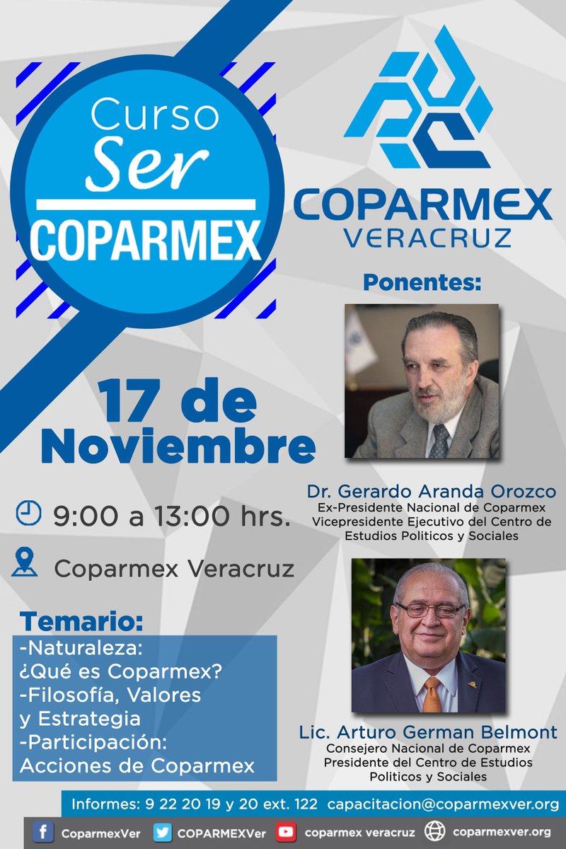 COPARMEXVer's tweet photo. Conoce más sobre nuestra #Confederación en el #Curso #SERCOPARMEX 17/11 en @COPARMEXVer https://t.co/og33bnWbRj 
@jsierraalvarez @jcoffau https://t.co/ERIZ1zGltx