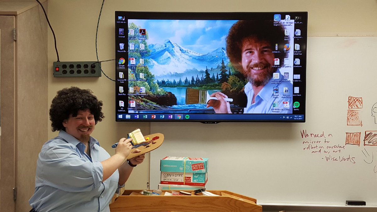 littleq85's tweet photo. @BobRossOfficial decided as an #artteacher that I should honor one of my favorite artists by dressing up as them!! #BobRossLives https://t.co/95UTk0IhfV