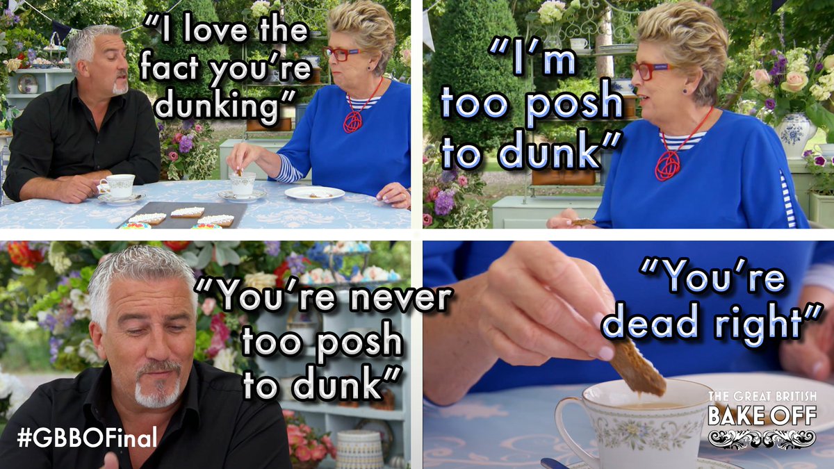 BritishBakeOff's tweet photo. You're never too posh to dunk. #GBBOFinal https://t.co/jIBTXp0JeT