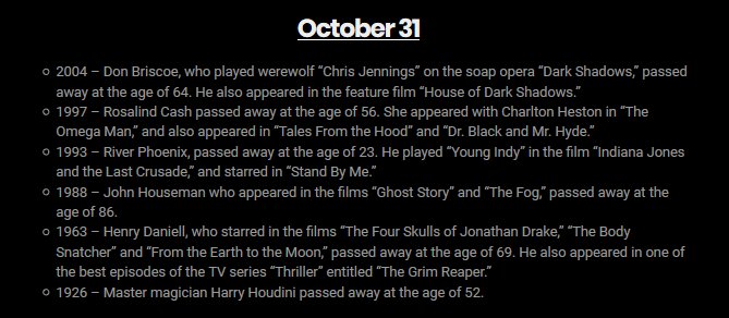 PlentyDreadful's tweet photo. #TodayInHorror - Actors/actresses, writers/directors etc. that died October 31st. #Deaths #Horror (credit: https://t.co/xT1GJUJ6W3) https://t.co/5L3SFaQGoX