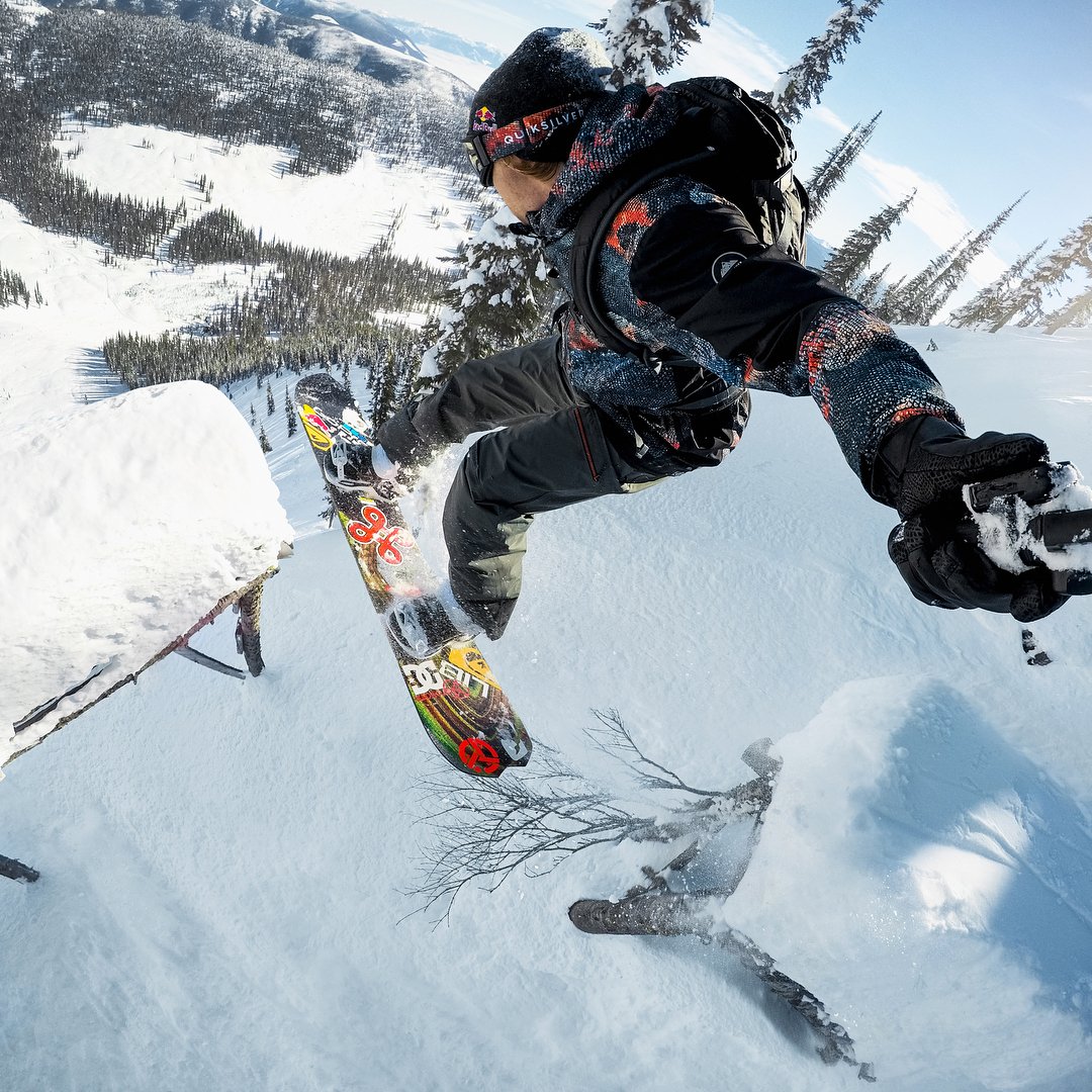 TravRice's tweet photo. An ollie out onto a spacebump at @BaldfaceLodge this past winter. Testing burst mode on the new @GoPro Hero 6! https://t.co/bohQ7MPzr9