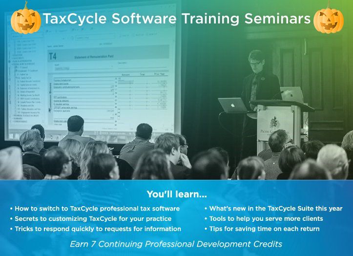 AcctTechSeminar's tweet image. Don’t let tax season spook you. Sign up for a @TaxCycle training seminar. $149/person. #ATT2017 #AccountingTechPros buff.ly/2z0ayZw