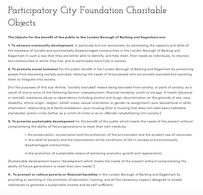 Participatory City is a registered charitable foundation established for benefit of Barking &amp; Dagenham residents > participatorycity.org/charitable-obj…
