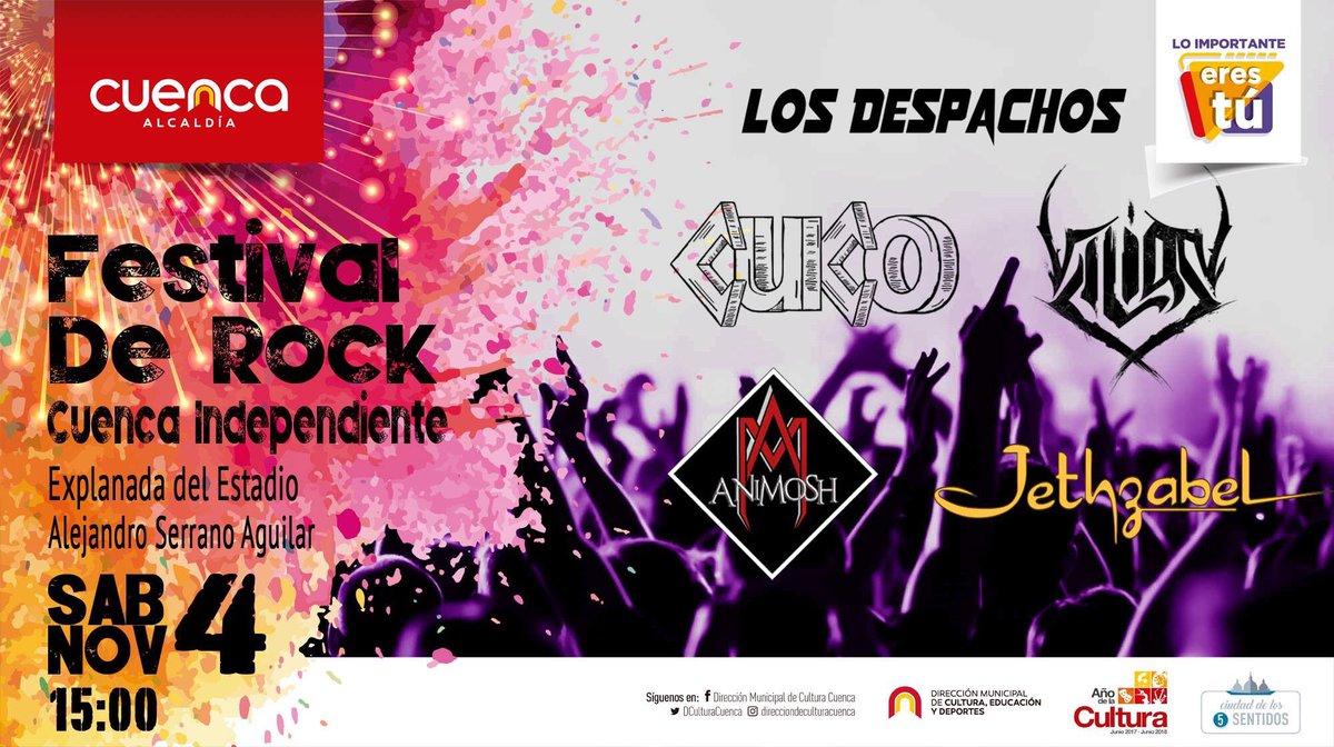 ALIAS_EC's tweet photo. @ALIAS_EC junto a @cucocuenca , @LosDespachos , @AniMoshRockband y #Jethzabel en vivo y al aire libre!

Harto power!! https://t.co/ZJJD5CeOLC