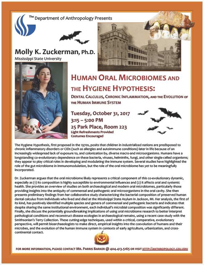 Dr. Zuckerman is in ATL today, giving a talk in the anthro dept at GSU on her research using dental calculus to reconstruct oral microbiomes