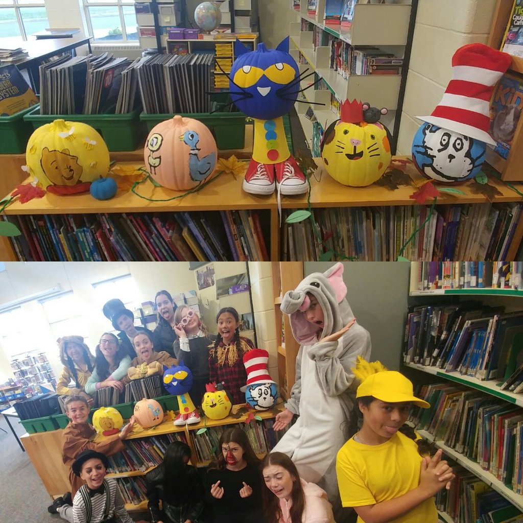 LibraryStMatts's tweet image. Our Storybook Pumpkin Patch! Good job everyone! Do you recognize all of these characters? @stmattoakville @HCDSB #halloweeninthelibrary 🎃📖