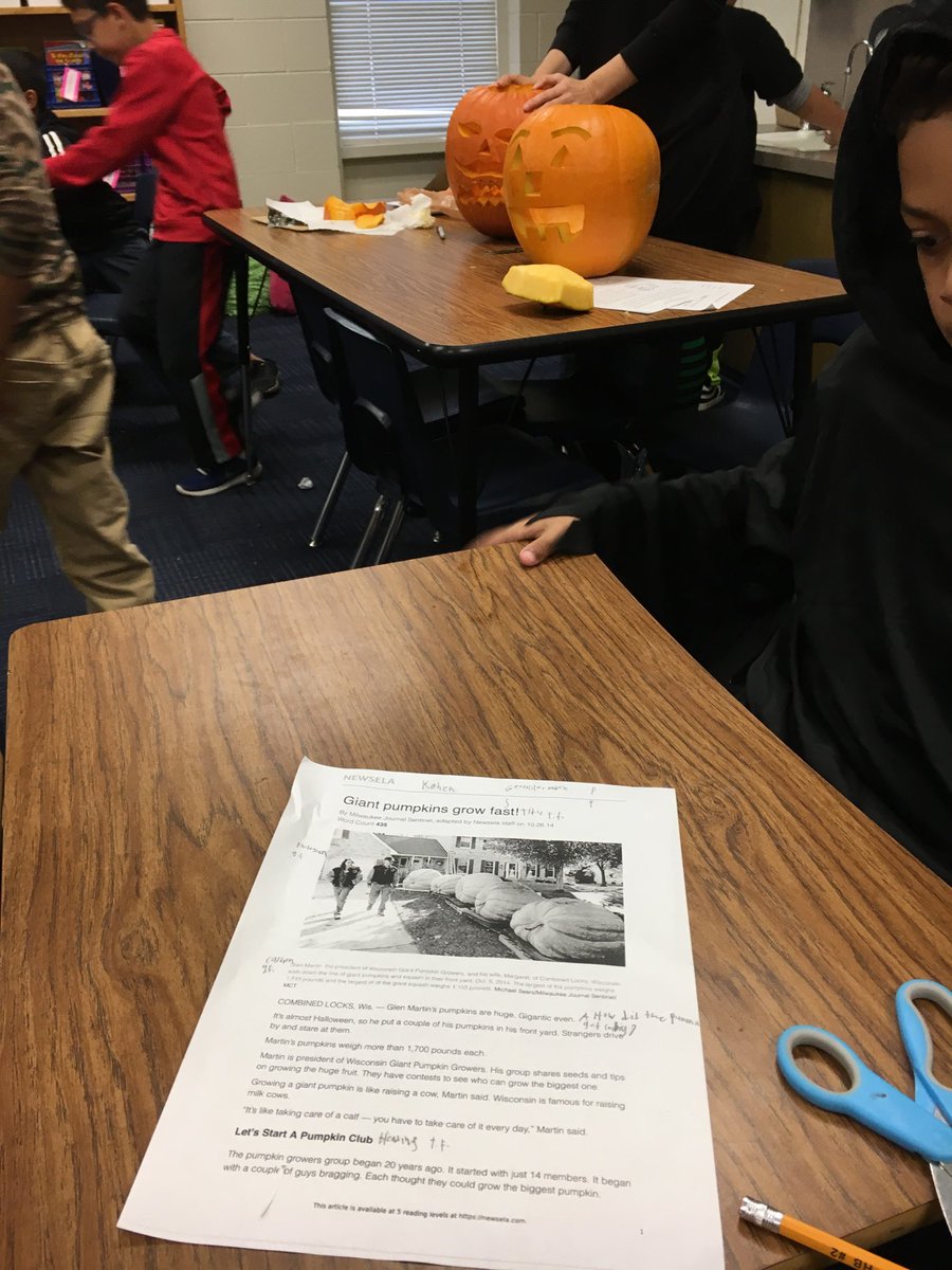 vrkimmel's tweet photo. Perfect Halloween pairing in 3rd grade @Newsela article on giant pumpkins and carving pumpkins @hebisd #MPEproud https://t.co/66b0B5ZYph