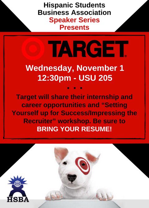 Csulb_HSBA's tweet photo. We will be back at the USU, Room 205 this week, where we will continue our Speaker Series with Target! Join us to hear information on their internship and career opportunities π Don't forget to BRING YOUR RESUMES!!!! π #WeareHSBA #hsba17 https://t.co/HlPVWNXYQo