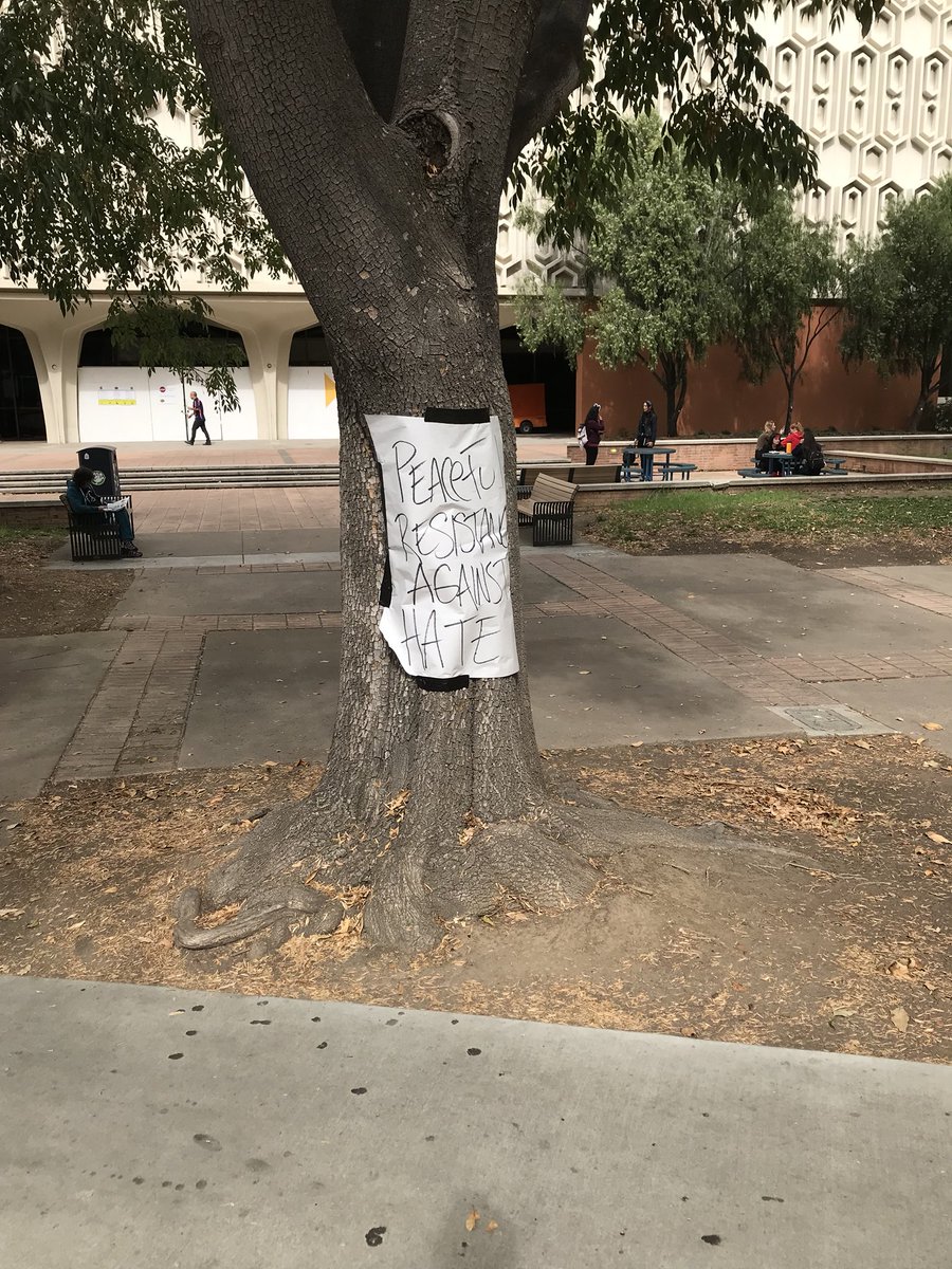 diane_ortiz_'s tweet photo. Signs cover the trees in the central quad expressing messages of peace, unity and asking for protection for students #csuf #unityblockparty https://t.co/rfdgcxQXHg