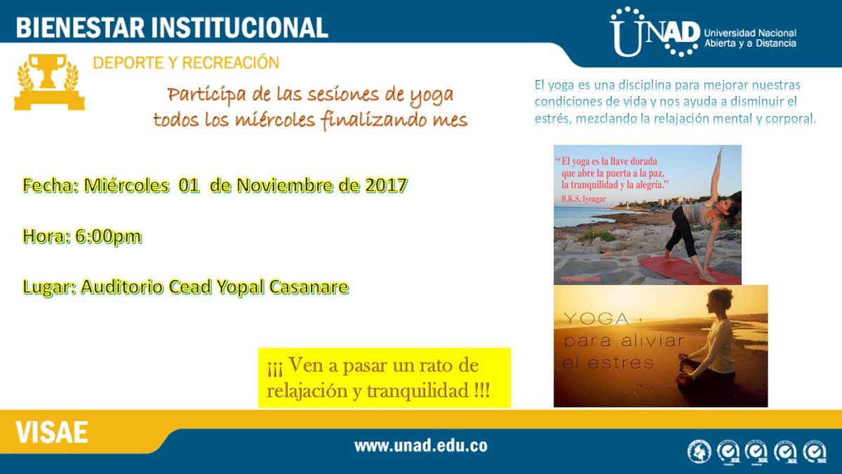 unadceadyopal's tweet photo. @UniversidadUNAD  #Yopal #Casanare invita a participar en las sesión  de YOGA el miércoles a las 6:00pm. Cordialmente invitados y es gratis. Acompañanos. https://t.co/fzrSEDiEpP