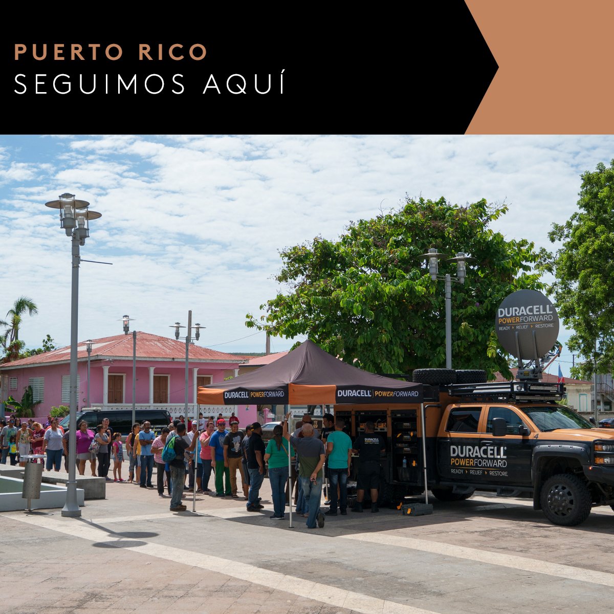 Nuestro equipo #PowerForwardPR ha llegado con 100 toneladas de baterías gratis. Sigue éste enlace para avisos sobre nuestras rutas.