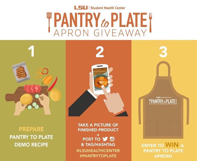 LSUHealthCenter's tweet photo. Sign up for tomorrow's #PantrytoPlate cooking demo at 3pm,LSU Food Science building &amp; enter to WIN a cooking apron! https://t.co/z69Ch95Xzd https://t.co/twR7LVfUw5