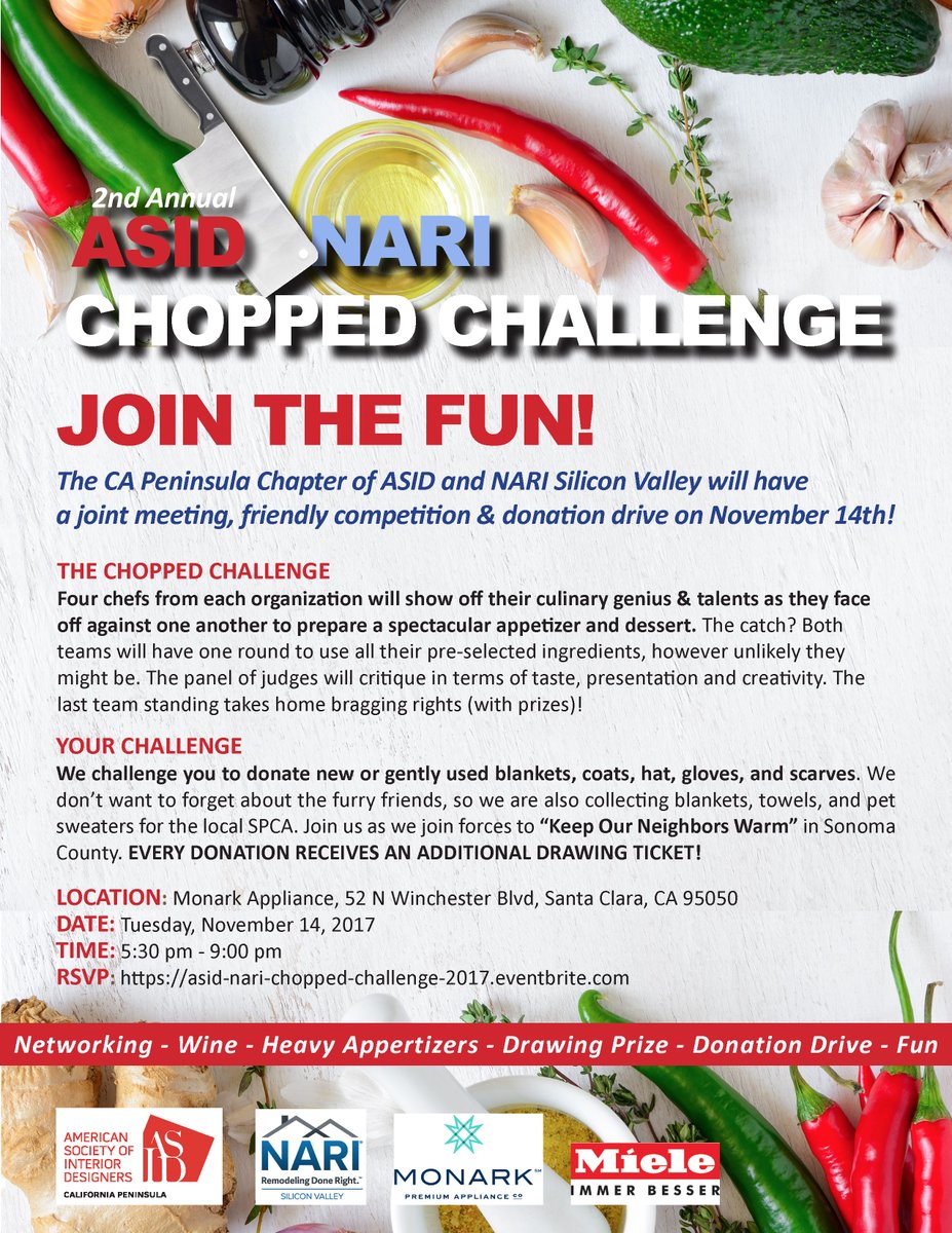 ASIDCAPen's tweet photo. Join the Chopped Challenge: @ASIDCAPen vs @NARI_SV, Nov 14th at @MonarkHome Sponsored by @monark and @MieleUSA Tix: https://t.co/2AH1ps8l7c https://t.co/LnzMqxsYnn