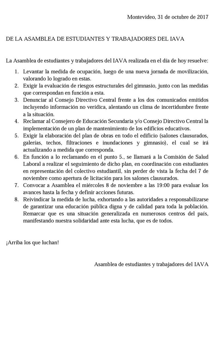 RESOLUCIÓN DE LA ASAMBLEA DE ESTUDIANTES Y TRABAJADORES DEL IAVA

Mañana habrá clases normales