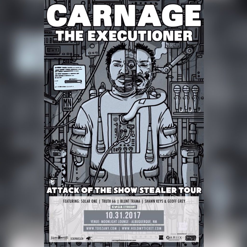 CarnageXXXL's tweet photo. 2nite: @TooZany presents Carnage's #AttackOfTheShowStealer Tour &amp; Halloween Party @MoonlightABQ w/ @truthsixtysix @SolarUno &amp; more! 7PM/$10. https://t.co/qacoqzYyoK