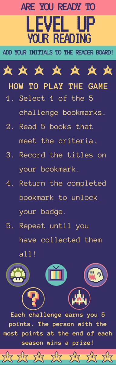 ManskeLibrary's tweet photo. Have you heard about the Library's new reading challenge? Everyone can participate! Start earning points today to top the #ReaderBoard! https://t.co/FCUrYSyAFC
