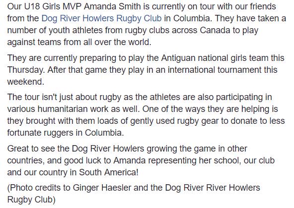 CalgaryRams's tweet photo. Looks like @cmhsrams player and our U-18 Girls MVP Amanda is having a great time on tour with the @HowlersRugby in Columbia. #LoveRugby #yyc https://t.co/G9rgxMl3Xl