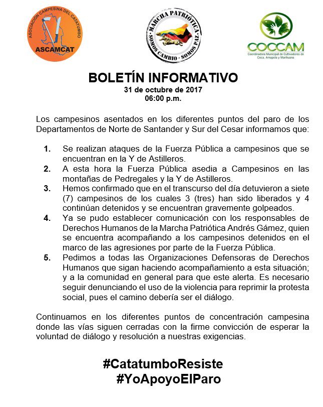 OlgaluQS's tweet image. Último boletín informativo de los hechos ocurridos esta tarde en materia de movilización en el Catatumbo. Seguimos esperando al gobierno Nal