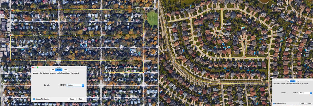 Walkable neighbourhoods make better Hallowe’en routes.

2 km walk in a grid suburb: 212 houses

2 km walk in a new suburb: 143 houses