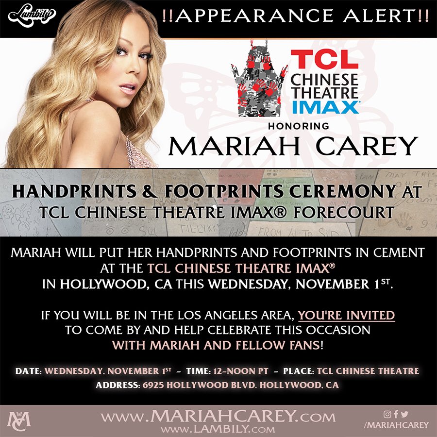 riahgram's tweet photo. LA LAMBS! @MariahCarey to be honored at the TCL Chinese Theatre IMAX® in Hollywood, this Wednesday, November 1st. Hand &amp; Footprint ceremony. https://t.co/9fapZq408P