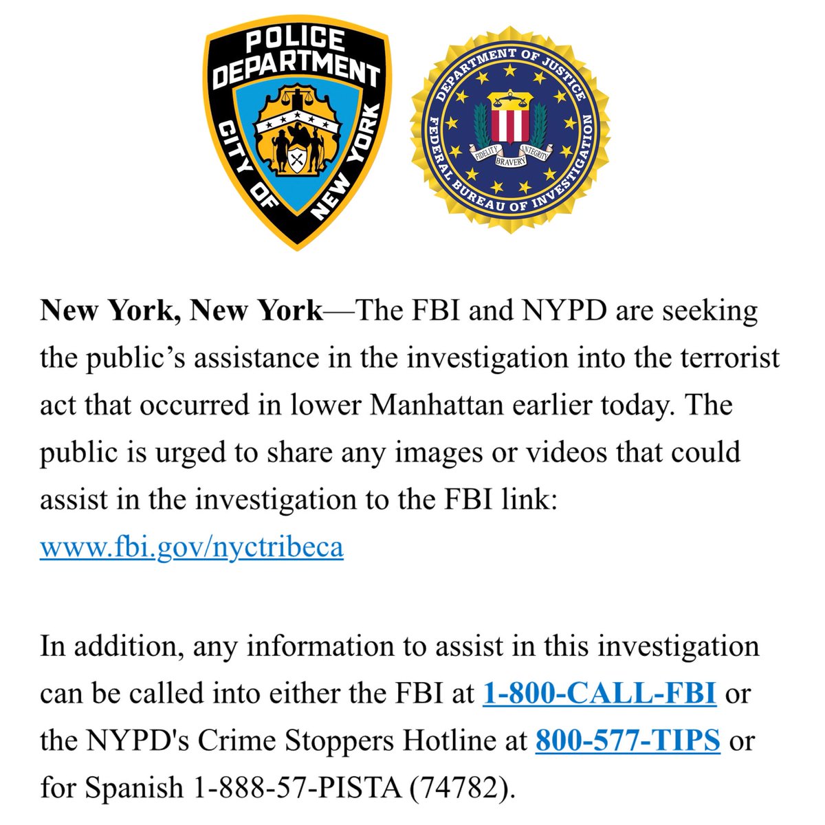 PLEASE SHARE: If you have any video or images from today’s truck attack in Manhattan, send them here: fbi.gov/nyctribeca