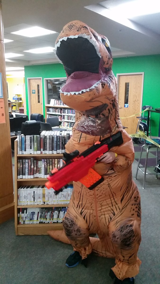 EmerginTechNick's tweet photo. A 4th-dimensionally challenged T-Rex joined us for our NERF Squadron this month. Happy Halloween! https://t.co/qHh24wQiVr