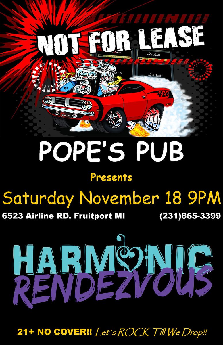 Notforleaserock's tweet photo. New Show Date November 18th at POPES PUB in Fruitport Mi. No Cover!
# rock #show #free #music #popespub #Muskegon #Rocknroll https://t.co/vhnzqj1tah