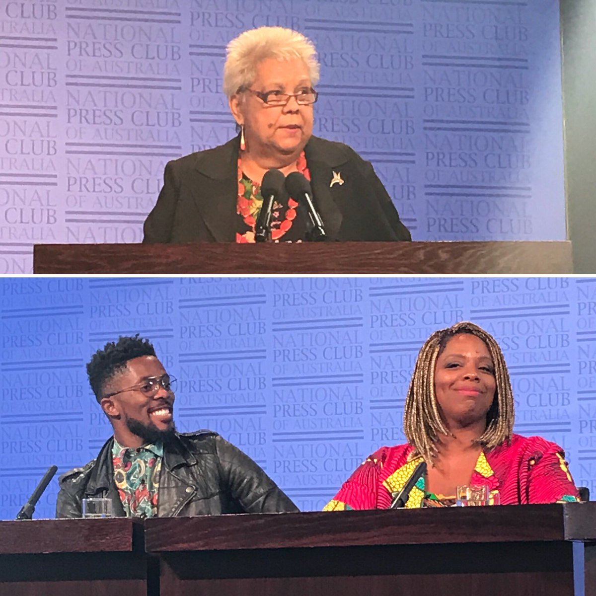 PressClubAust's tweet photo. Patrisse Cullors, Rodney Diverlus &amp; Dr Jackie Huggins AM FAHA, Addressing the #NPC on ‘Why Black Lives Matter Everywhere’ #live on #ABC https://t.co/Q1hFwFi4lC