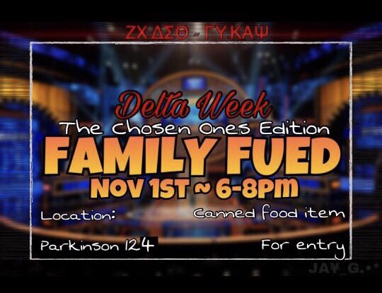 WhoisJVI's tweet photo. 🚨Join us tomorrow for Family Fued from 6-8pm in Parkinson's 124! Non perishable food items will be accepted #ASATT #DeltaWeek2k17 #SIUC 🚨 https://t.co/vkJYj6CY5h