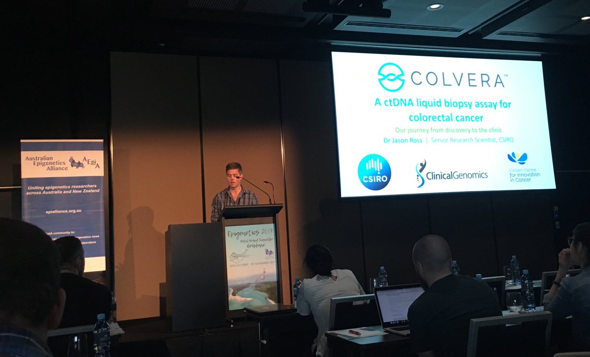 AEpiA's tweet photo. Jason Ross @CSIROnews now talking ctDNA & #colorectalcancer & bringing #Colvera to the clinic #AusEpi17 https://t.co/eSzFmAVEoL